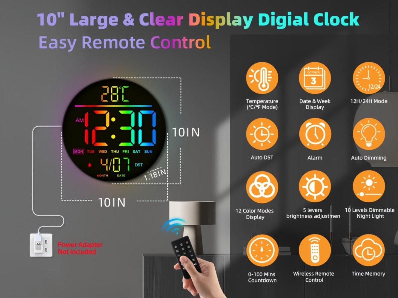 Reloj de pared digital - 25 cm/10 11" RGB, brillo automático, temperatura, fecha y día, horario de verano automático, luz nocturna, sin tictac, reloj de pared eléctrico LED moderno para dormitorio, sala de estar