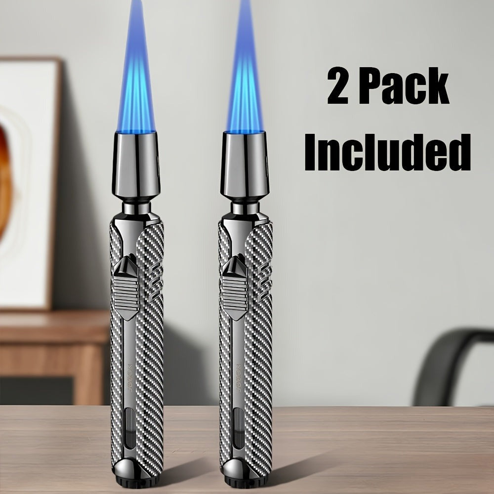 Paquete de 2 sin combustible incluido - Encendedor de chispa de combustible recargable a chorro de triple llama azul a prueba de viento de aleación de zinc, lujoso diseño de tubo largo a cuadros con depósito de combustible visible para velas, barbacoa de