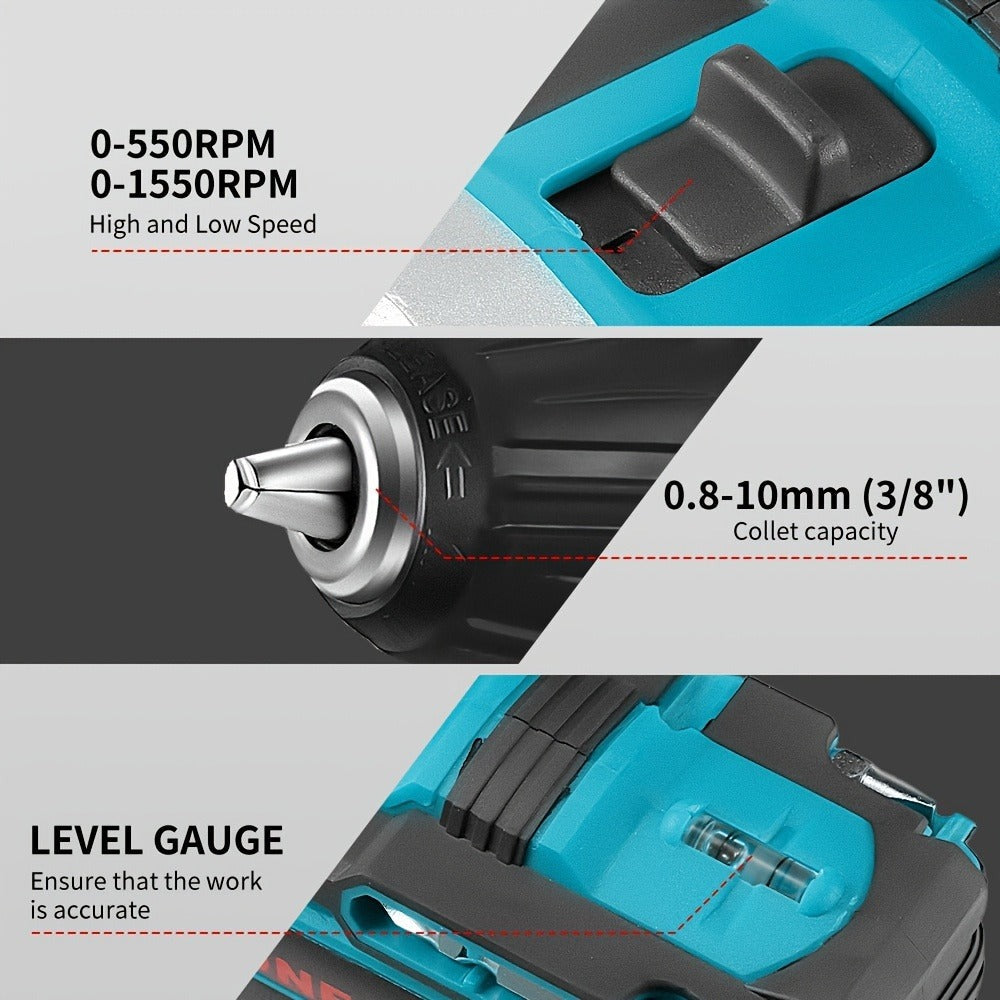 Juego de taladro de 10 mm, taladro de impacto eléctrico, destornillador eléctrico y kit de herramientas eléctricas, adecuado para decoración del hogar, apriete de tornillos y diseño, compatible con herramientas alimentadas por batería ONEVAN