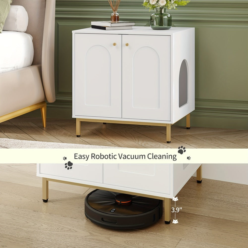 Gabinete para Gatos, Caja de Arena para Gatos, Casa para Gato con Puerta, Mesa Auxiliar de Madera para la Casa del Mascota, 50 X 60 X 61cm, Gabinete Estable para Gatos, Blanco y Dorado