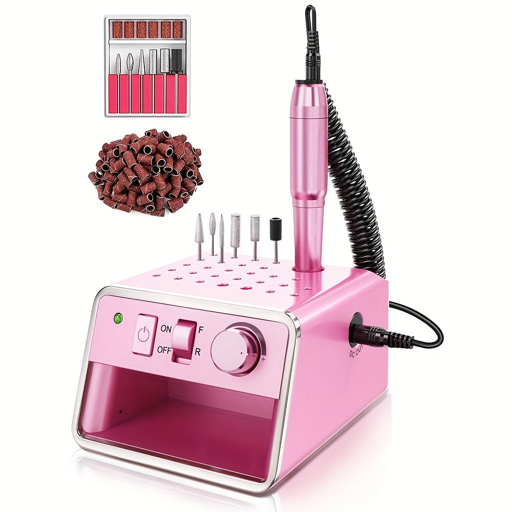 Kit Portátil de Lima Eléctrica para Uñas con 20,000 RPM, Múltiples Brocas y Tiras Pulidoras Para Remover Acrílico o Gel en Salón u Hogar - Rosa
