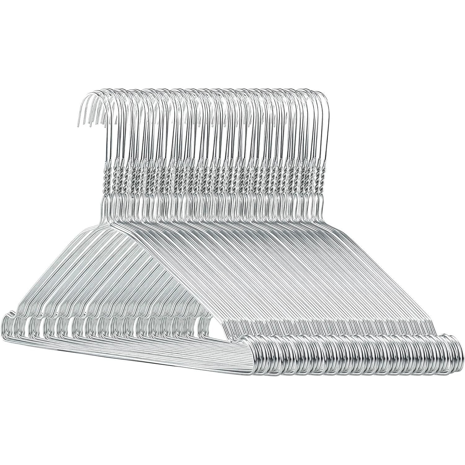 HOME PRO - Juego de 100 perchas de metal cromado ahorradoras de espacio - 40Cm con correas ranuradas y barra para pantalones - Ganchos anti-deslizantes para ropa y armario
