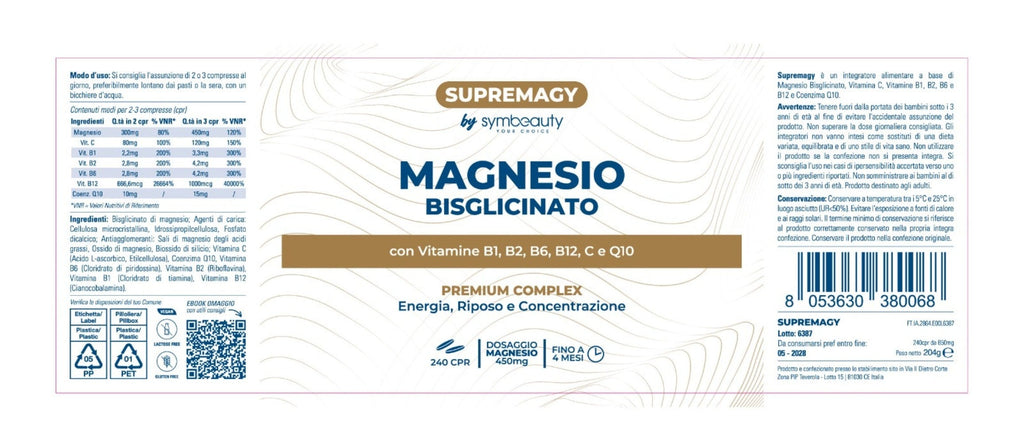 SUPREME MAGNESIO BISGLICINATO 450Mg (Hasta 4 Meses) 240 Pastillas - Complejo Premium | Vitamina B12, B1, B2, B6, C y Coenzima Q10 | Suplemento - Vegano y Hecho en Italia