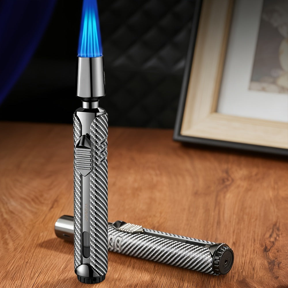 Paquete de 2 sin combustible incluido - Encendedor de chispa de combustible recargable a chorro de triple llama azul a prueba de viento de aleación de zinc, lujoso diseño de tubo largo a cuadros con depósito de combustible visible para velas, barbacoa de