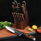 Juego de 15 cuchillos de chef con cuchillo de cocina, afilador, bloque de madera, cuchillos de acero inoxidable de alto carbono y mangos de madera coloridos