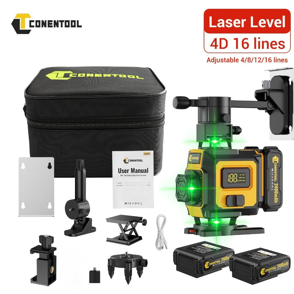 Nivel Láser Verde 4D de 16 líneas con retícula horizontal y vertical de alta precisión, rotación de 360°, nivelación automática y es un nivel láser multifuncional para medición precisa. Equipado con dos baterías de litio de 2400mAh/3600mAh