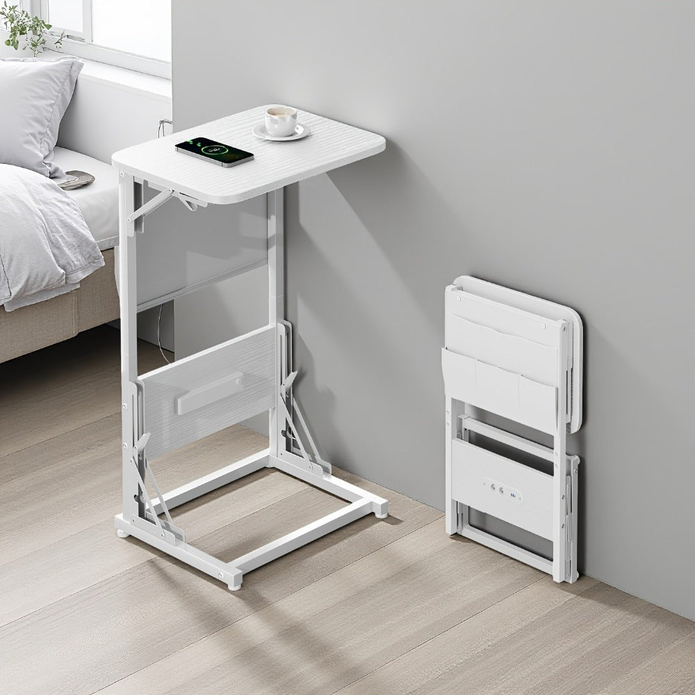 Mesa Auxiliar Plegable con Enchufe y Puertos USB Incorporados, Mesa de Noche Ajustable con Organizador de Almacenamiento para Sofá, Cama, Oficina en Casa