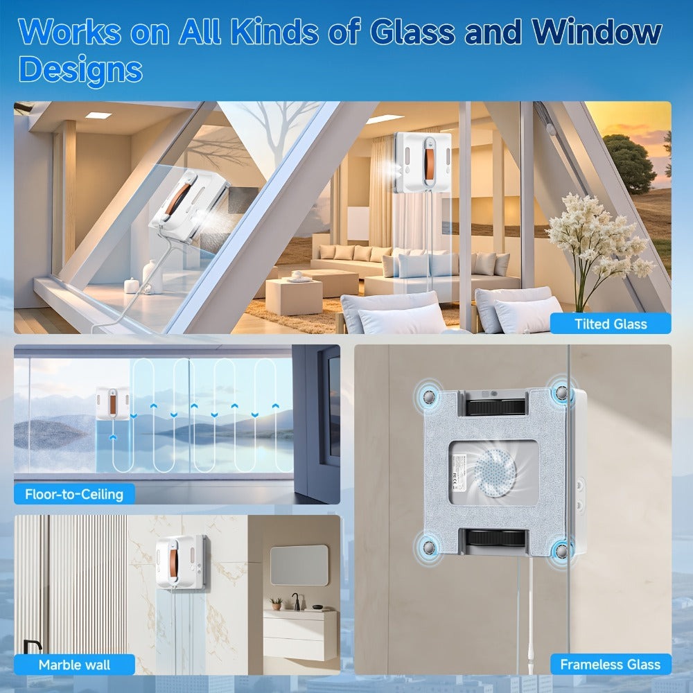 Robot limpiador de ventanas cuadrado mejorado Lubluelu, succión grande de 10000 Pa, planificación inteligente de rutas, sistema de protección de seguridad de 8 capas, limpieza de bordes, trapo lavable y reutilizable, boquillas dobles de doble cara, visual