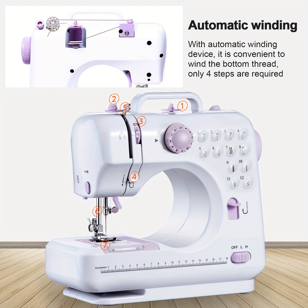 Mini Máquina de Coser para Principiantes, 12 Agujas Multifuncional para el Hogar, Portátil, de Doble Hilo, Inversión de Puntos, Dos Velocidades, Alimentada por Batería, (Batería No Incluida en el Paquete)