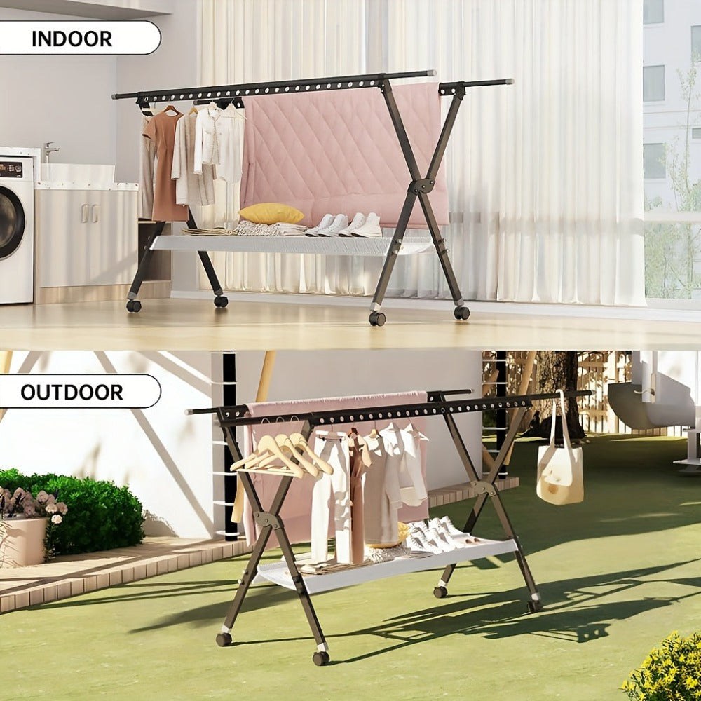 Tendedero de ropa robusto de acero inoxidable de 90 pulgadas, con longitud ajustable y ganchos resistentes al viento, un diseño de dos niveles que ahorra espacio, adecuado para uso tanto en interiores como en exteriores, tendedero de ropa telescópico, col