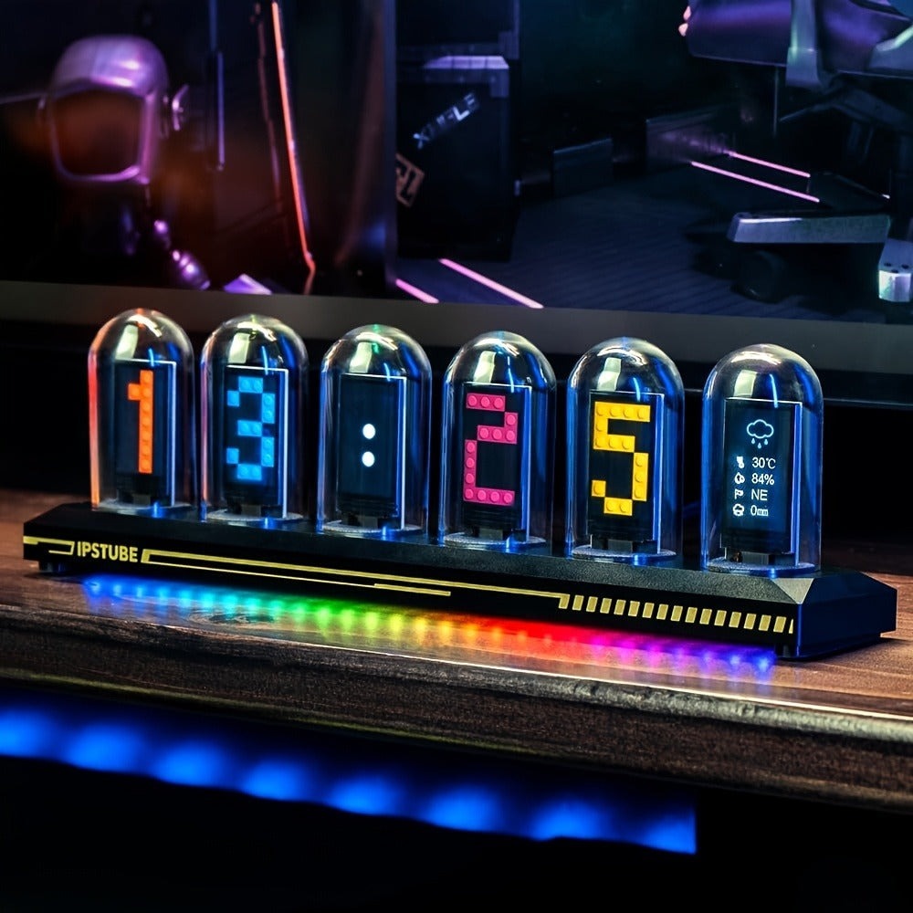 Reloj digital RGB de tubo Nixie con luz de noche y cable USB, reloj analógico IPS que brilla, compatible con calibración de hora Wi-Fi, control por aplicación, modo clima, para decorar escritorio, habitación, para regalo