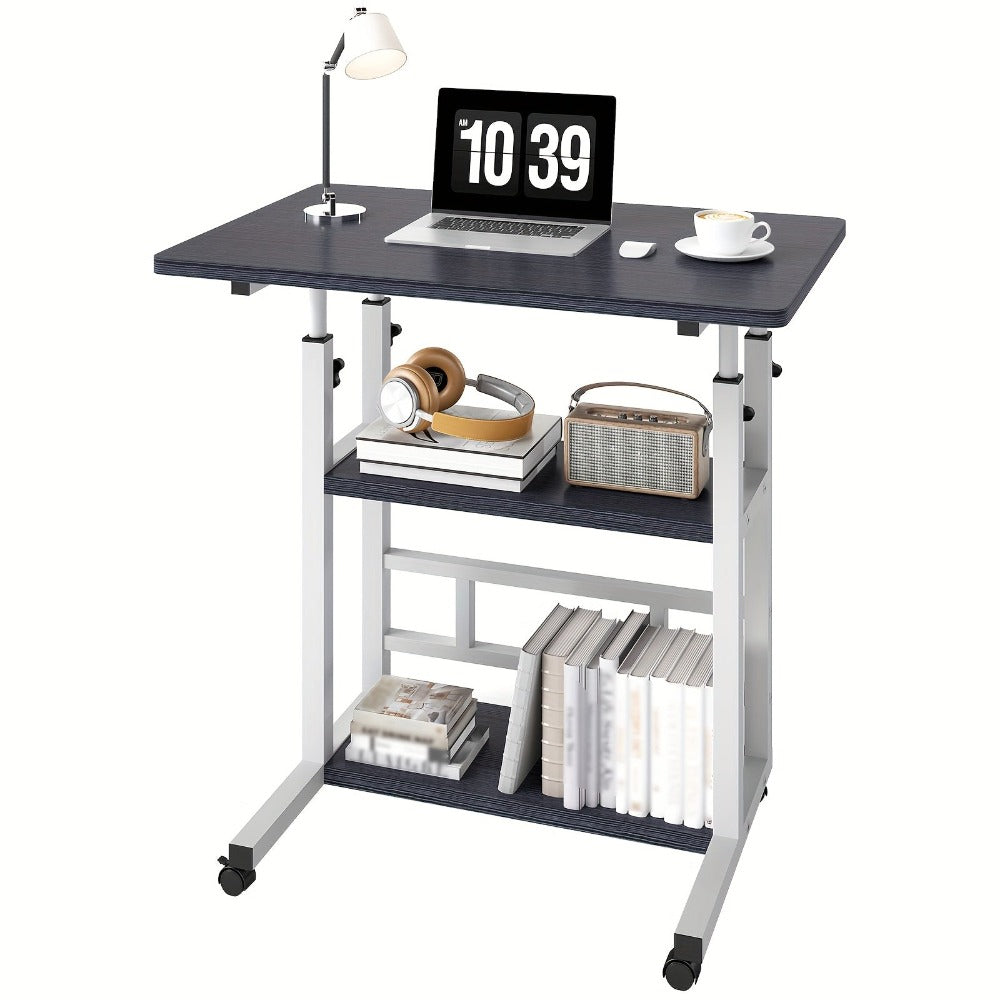 Escritorio Portátil de Madera Moderno con Altura Ajustable y Almacenamiento Multinivel - Estación de Trabajo para Hogar Ahorradora de Espacio con Ruedas, Soporte para Laptop y Función de Mesita de Noche Ideal para Trabajadores Remotos
