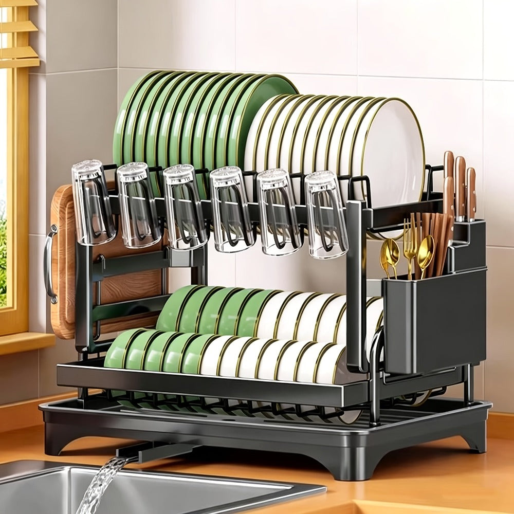 Escurridor de Platos de 2 Niveles con Bandeja de Drenaje - Escurridor de Platos Giratorio Ajustable, Soporte para Utensilios y Tazas, Organizador de Encimera de Cocina que Ahorra Espacio para un Secado Eficiente