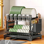 Escurridor de Platos de 2 Niveles con Bandeja de Drenaje - Escurridor de Platos Giratorio Ajustable, Soporte para Utensilios y Tazas, Organizador de Encimera de Cocina que Ahorra Espacio para un Secado Eficiente