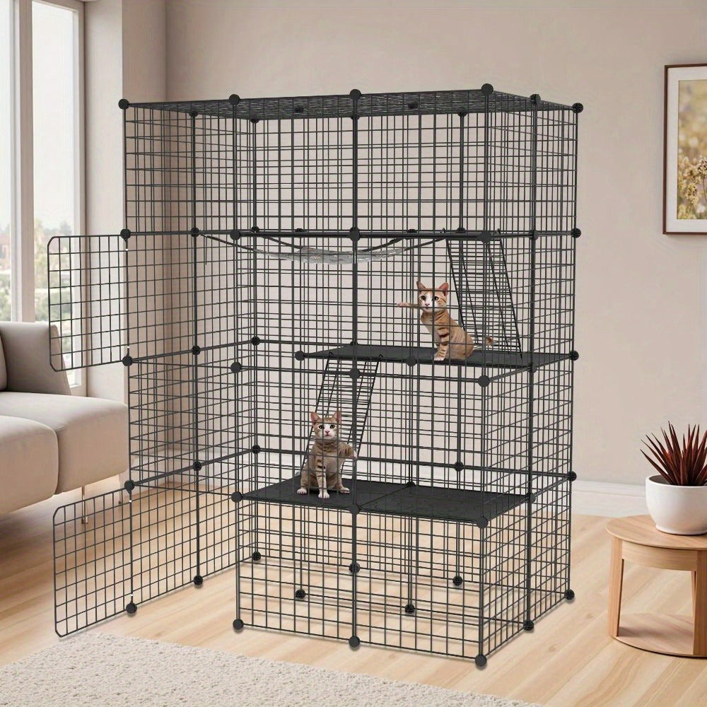 Cerradura Metálica Negra para Exteriores para Conejos, con Puerta y Adecuada para Animales Pequeños como Cobayas y Cachorros, Medidas 146X110X74 Cm (4 Columnas y 3 Capas)