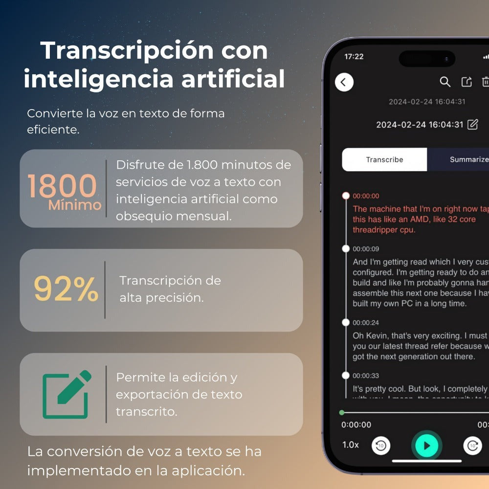 Grabadora de Voz con APP para Transcripción AI, Resumen GPT-4o, Traducción, Mapeado Mental, 64GB de Almacenamiento y Diseño Magnético, Ideal para Llamadas, Clases y Reuniones, por FoCase Rec