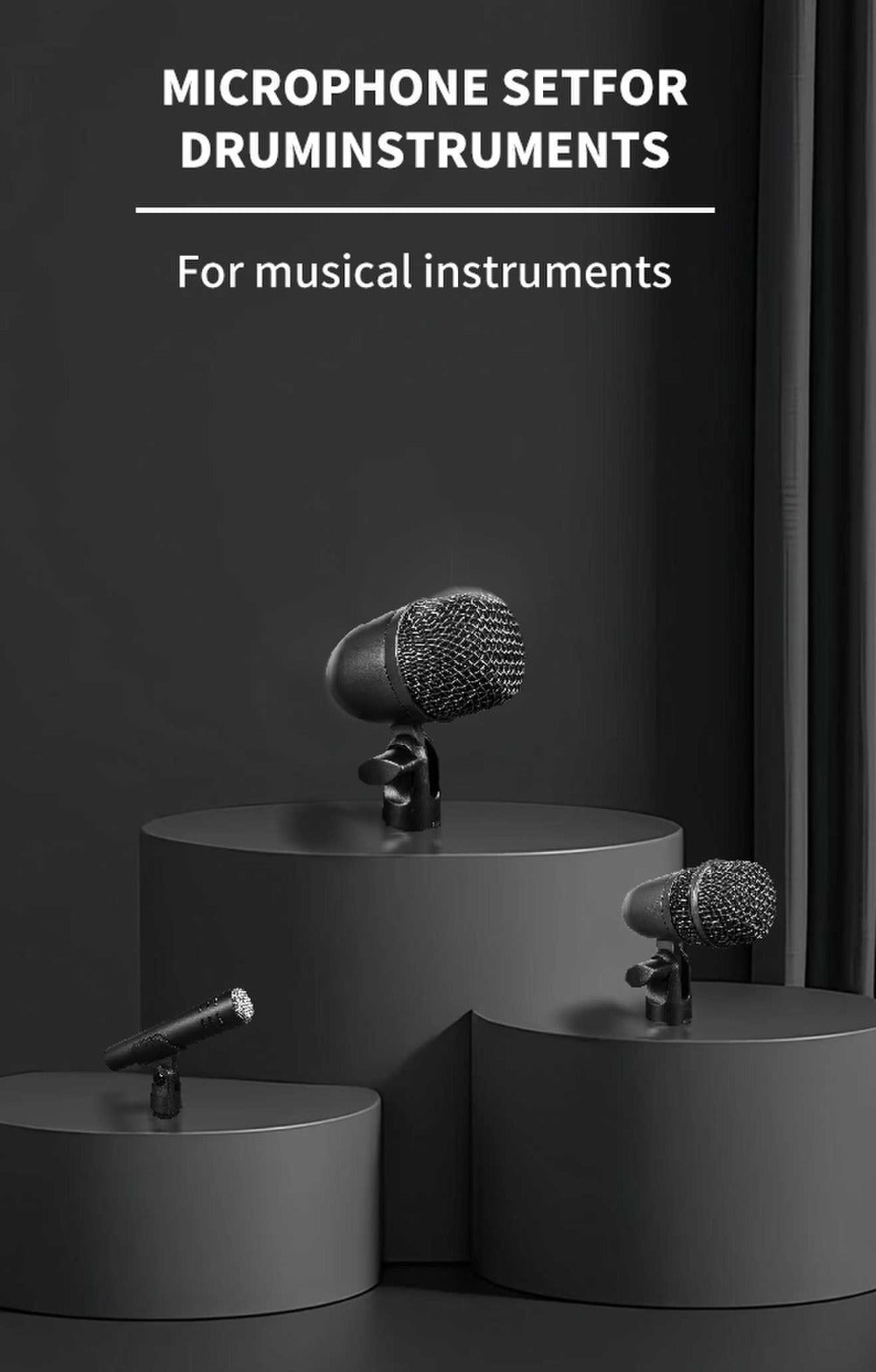 Juego de 7 micrófonos dinámicos de metal para batería - Adecuados para grabación profesional de batería con micrófonos para bombo, tom/snare y platillos, equipados con pinzas para micrófono