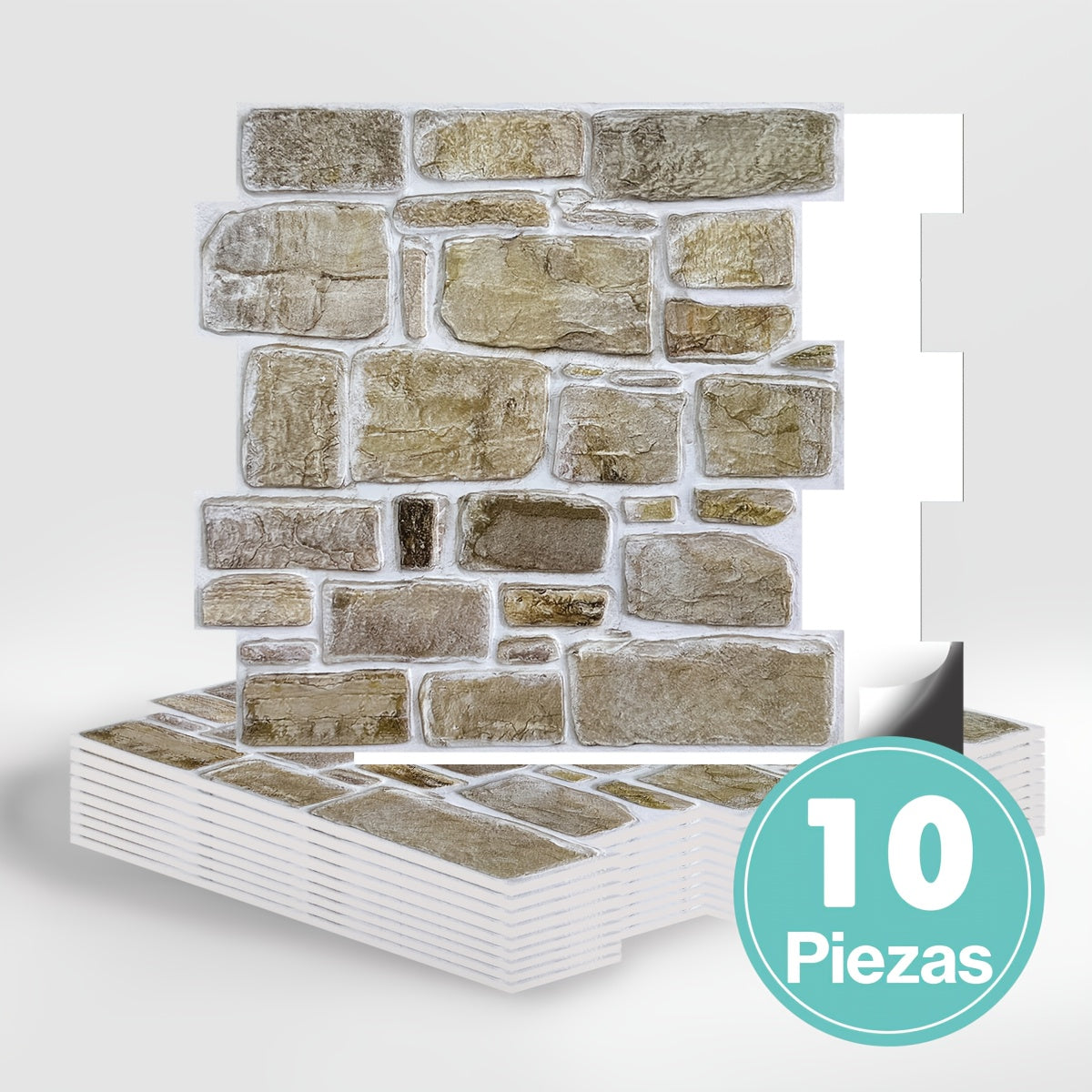 Este paquete incluye diez paneles de pared 3D autoadhesivos con una superficie de PVC tipo piedra, cada uno de 30 por 30 centímetros, diseñados para decorar paredes interiores.