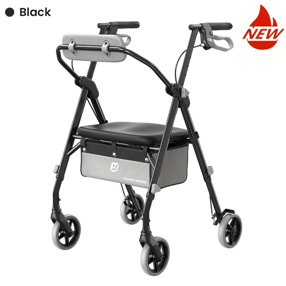 Andador Rollator Plegable para Adultos Mayores, Ayuda de Movilidad Ligera de Aluminio, Ruedas Univer Todoterreno de 20.32cm, Altura Dual Ajustable, Asiento y Respaldo Acolchado Ergonómico de PU, Capacidad de Peso de 136.08 KG