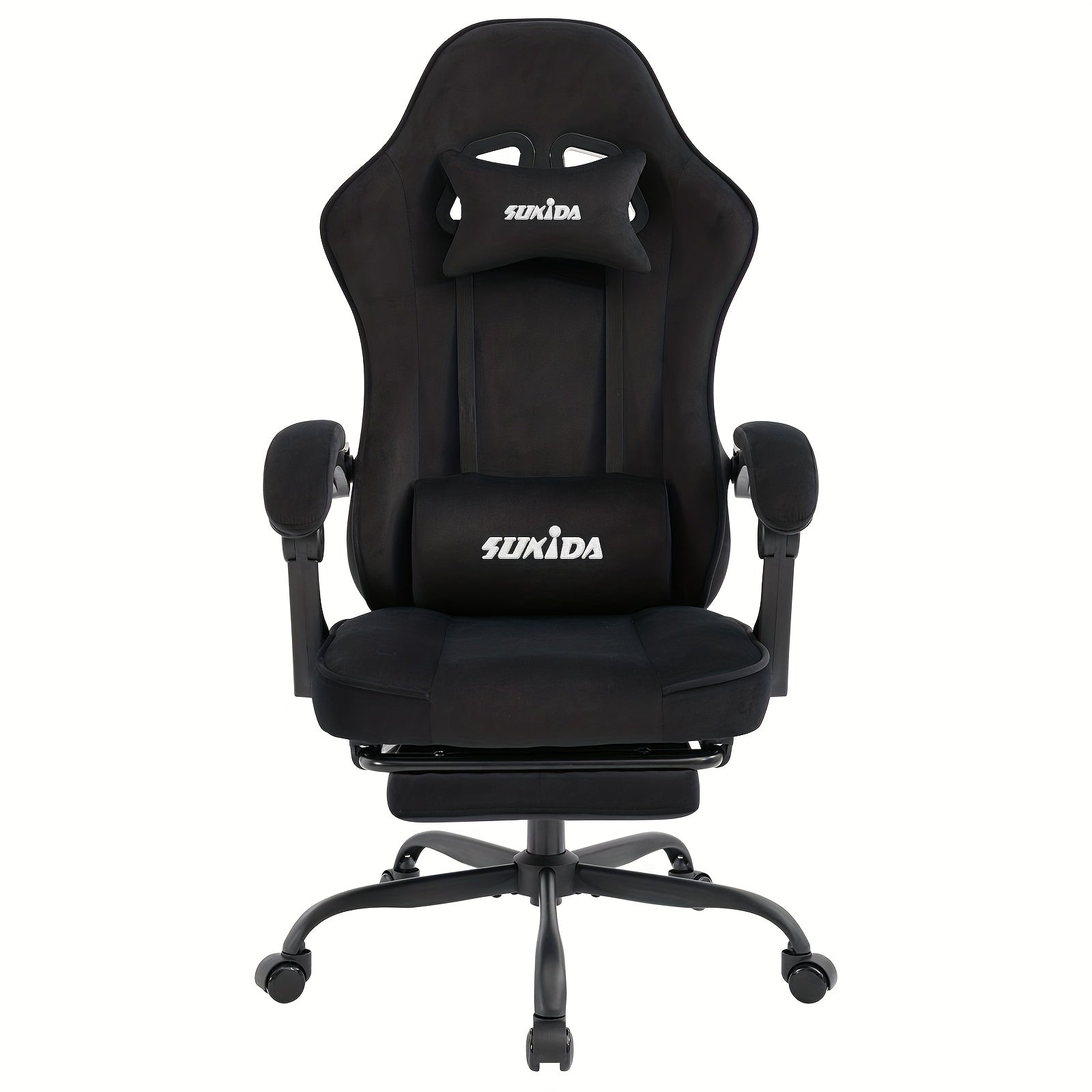 Silla de gaming SUKIDA de tela, silla de gaming ergonómica con reposapiés, silla de carreras para ordenador ajustable con soporte lumbar, silla ergonómica para PC negra