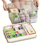 Caja de almacenamiento de medicamentos transparente de gran capacidad con asa y tapa, impermeable, adecuada para cajas de almacenamiento de varias capas para artículos esenciales del hogar y la oficina.