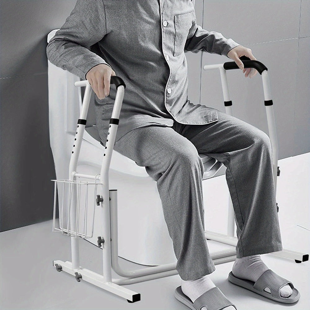 Ayuda para ir al baño de pie, marco de inodoro con cesta de almacenamiento, marco de soporte para inodoro de altura ajustable de 69-79 cm, carga máxima de 200 kg, marco de soporte para inodoro para personas mayores y mujeres embarazadas