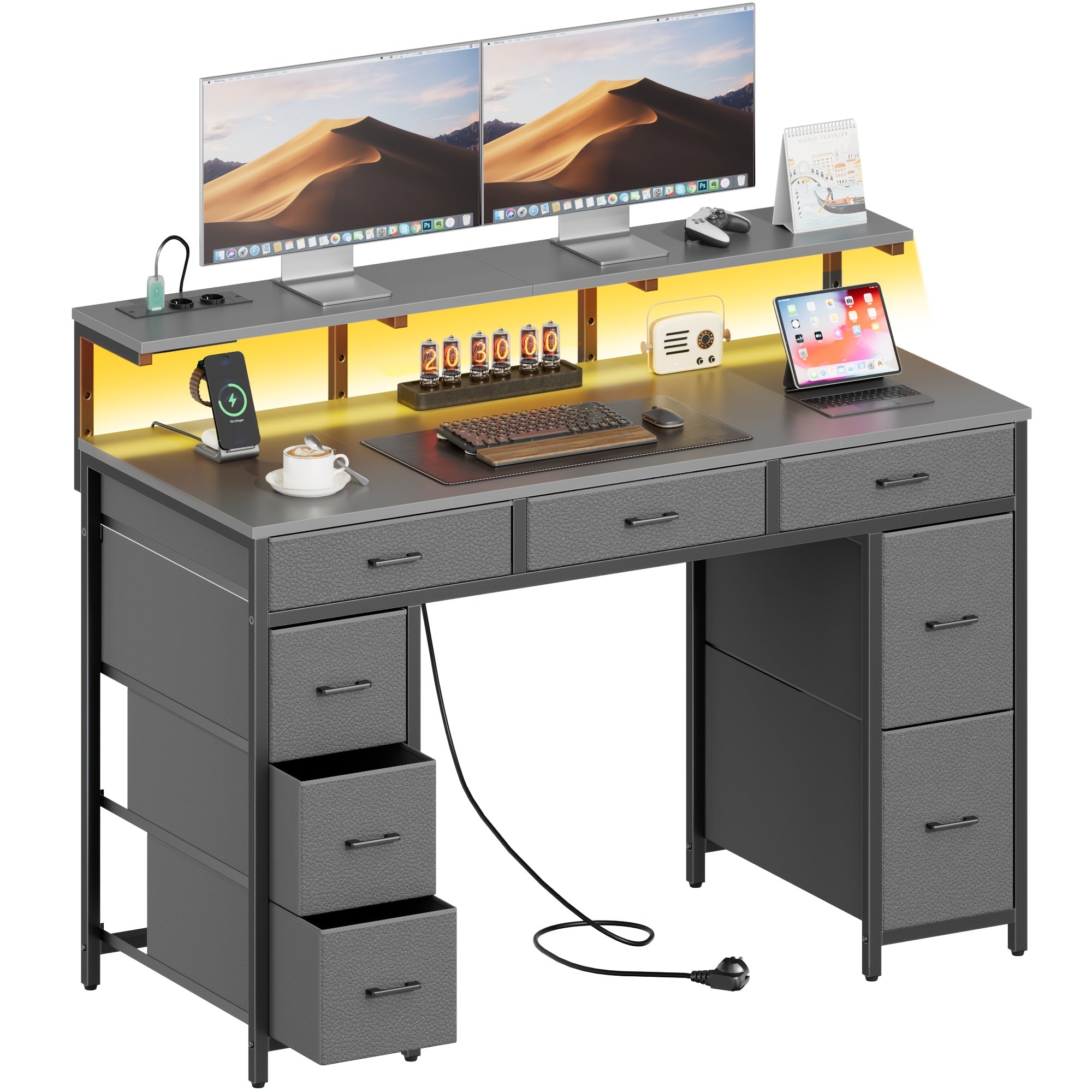 Escritorio para Gaming con 8 Cajones de Tela, Soporte para Monitor con Luz LED, Regleta Europea (2 AC/2 USB), Tapa de Madera, Patas Ajustables para Oficina en Casa/Sala de Juegos