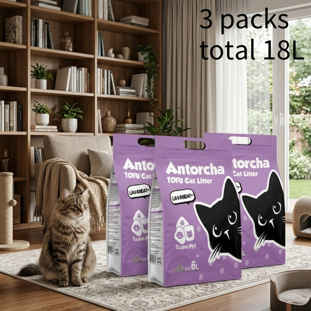 Arena sanitaria para gatos de tofu | 3 bolsas | 6 litros por bolsa | Absorción rápida | Forma grumos rápidamente | Desodoriza eficazmente | Sin polvo | Gránulos finos