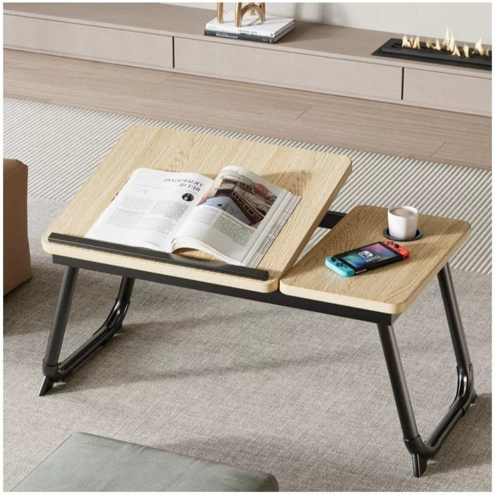 Mesa plegable para cama y sofá con altura ajustable de 5 niveles, bandeja con superficie ajustable y portavasos, mesa pequeña multifunción para ordenador, libros, trabajo y estudio en casa (56x32x25cm)