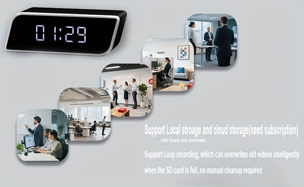 Cámara de reloj HD 1080P con gran angular de 110 grados y visión nocturna, grabación en bucle y funciones de alarma avanzadas. Cámara de reloj de escritorio WIFI6 con control por aplicación. Adecuada para monitoreo de seguridad interior en hogares, interi