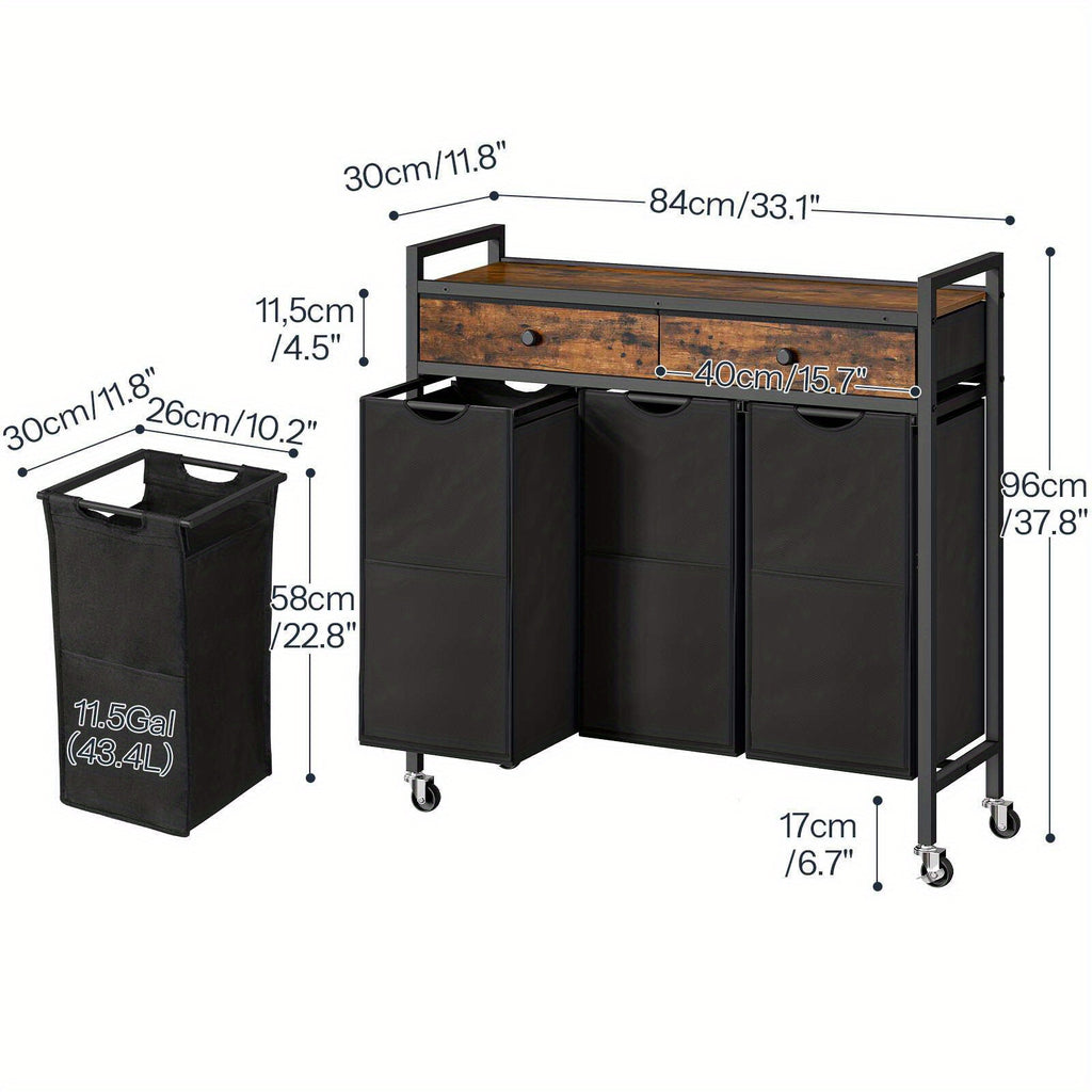 Cestero de lavandería rústico marrón y negro, 3 secciones, con 2 cajones, bolsas de lavandería extraíbles con tela Oxford, cesto de lavandería, para cuarto de lavado, cestos de lavandería