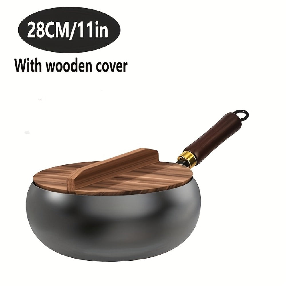 Olla Tradicional Artesanal de Hierro Fundido con Barriga Ancha - Superficie Espejo Antiadherente, Sin Recubrimiento, Diseño Antisalpicaduras y Tapa de Madera con Pomo - Construcción Resistente al Óxido para Distribución Uniforme del Calor - Esencial para