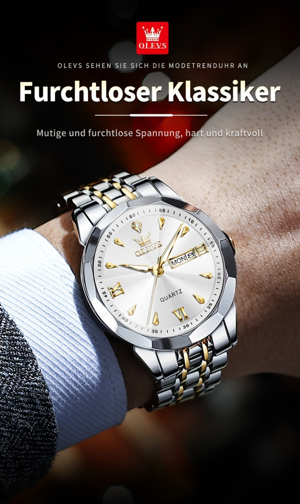 OLEVS Reloj para Hombre Clásico Analógico Cuarzo Cronógrafo Negocios Vestir Relojes de Diamantes de Imitación Elegante Lujo Acero Inoxidable Fase de Luna Calendario Relojes de Hombre Relojes De Hombre Esfera Azul/Negro/Blanco/Gris