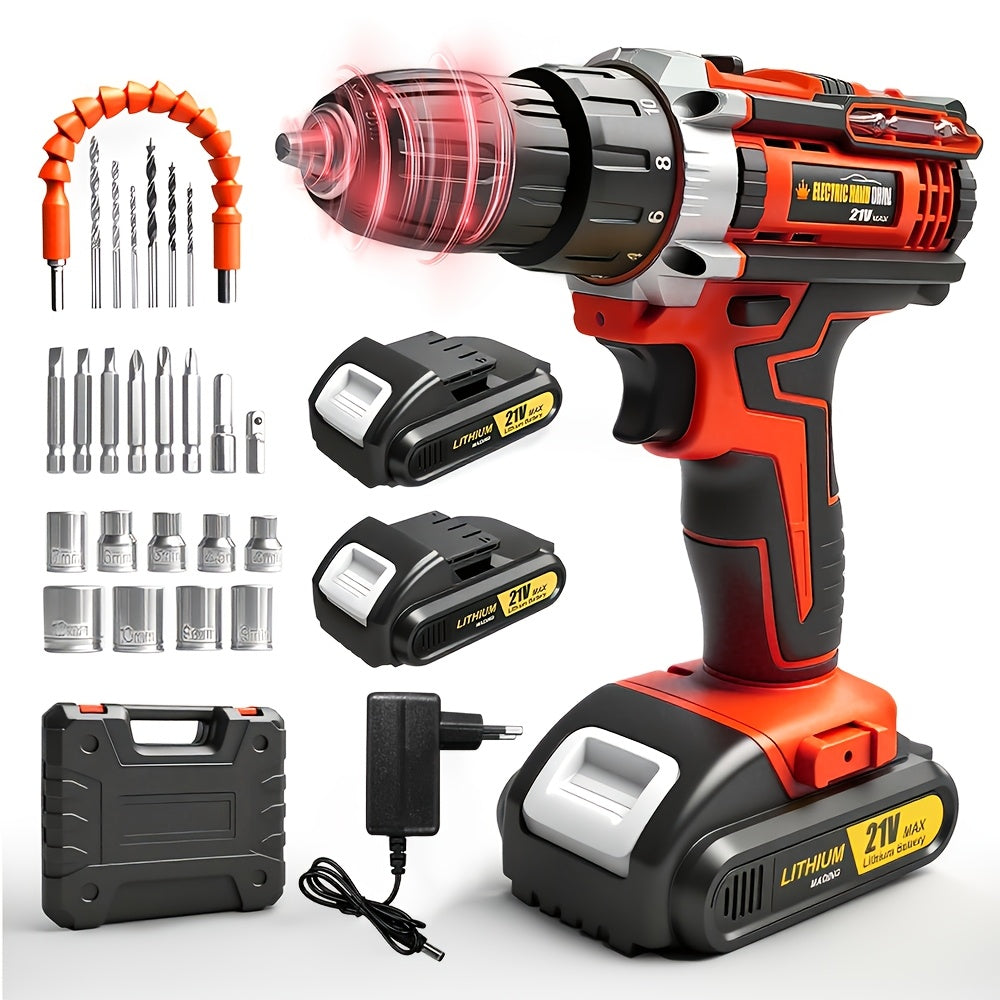 Juego de taladro inalámbrico. El nuevo taladro está equipado con un portabrocas sin llave de 3/8 de pulgada y una luz de trabajo. Tiene las funciones de un taladro de pistola T y un destornillador eléctrico ideal para proyectos domésticos. Con un diseño e