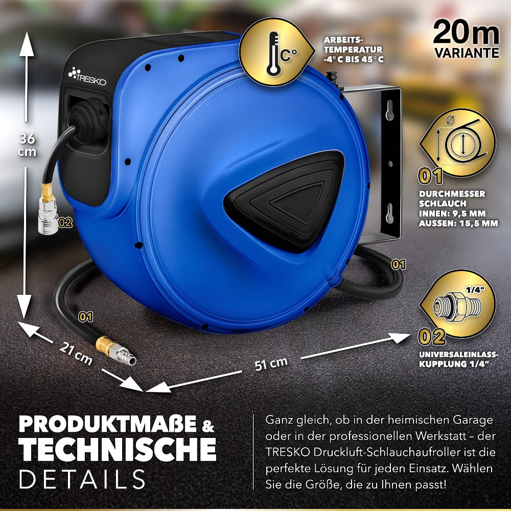 TRESKO® Carrete Automático para Manguera de Aire | Enrollador de Manguera de Aire de 1/4" | Soporte Automático para Manguera Montado en la Pared