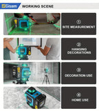 Nivel láser láser verde 4D multifuncional Gisam de 16 líneas con trípode y control por aplicación, autonivelante 360° con líneas cruzadas horizontales y verticales, alimentado por USB y batería, incluye estuche de transporte, haz superpotente, diseño port