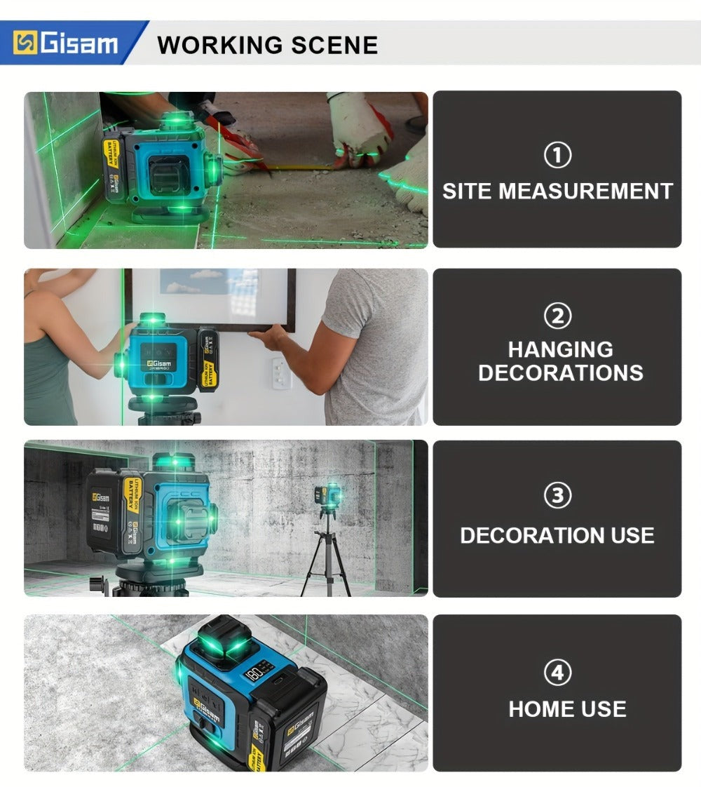 Nivel láser láser verde 4D multifuncional Gisam de 16 líneas con trípode y control por aplicación, autonivelante 360° con líneas cruzadas horizontales y verticales, alimentado por USB y batería, incluye estuche de transporte, haz superpotente, diseño port