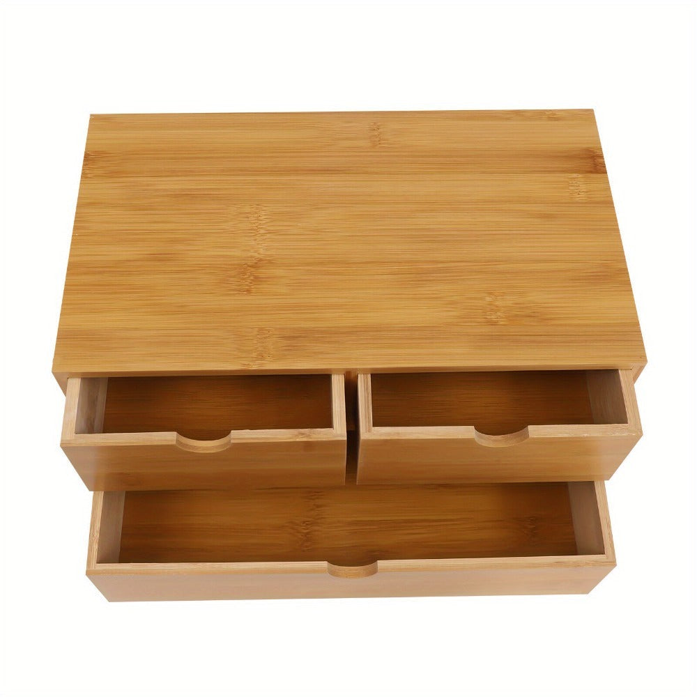 Organizador de escritorio de bambú, caja de organización de almacenamiento de mesa, almacenamiento de escritorio para clasificar y almacenar sellos, notas adhesivas, tijeras, facturas, bolígrafos, lápices, etc. (2 cajones superiores, 1 cajón inferior)