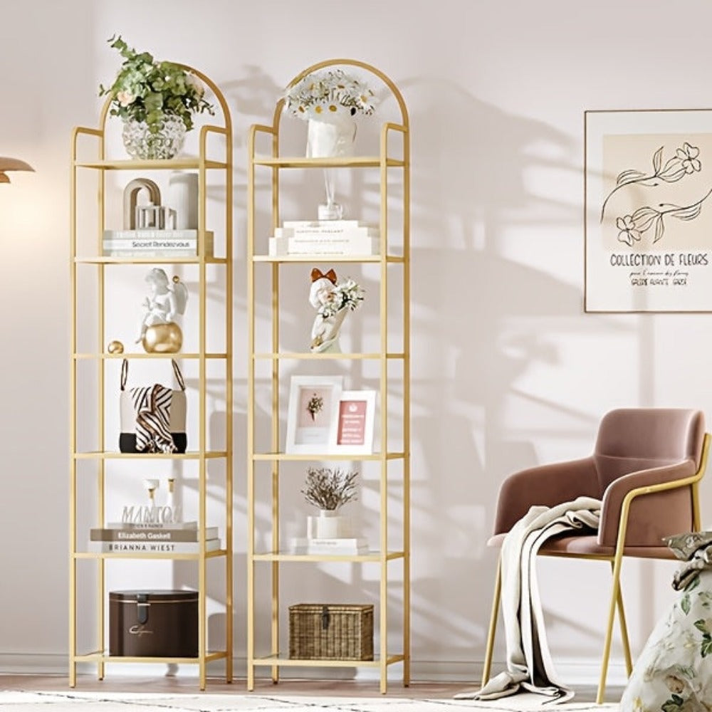 Estantería, Librero de Vidrio Templado, Unidad de Estantería Delgada para Dormitorio, Baño, Oficina en Casa, Estructura de Acero, 6 Estantes Dorados, Estantes