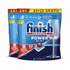 Finish Power All in 1 - Pack de 5 Paquetes De 25+25 (250) Pastillas, o Pack De 2 Paquetes De 25+25 (100) Pastillas para lavavajillas sin fosfatos, con potente Powerball para eliminar las manchas de grasa más difíciles.