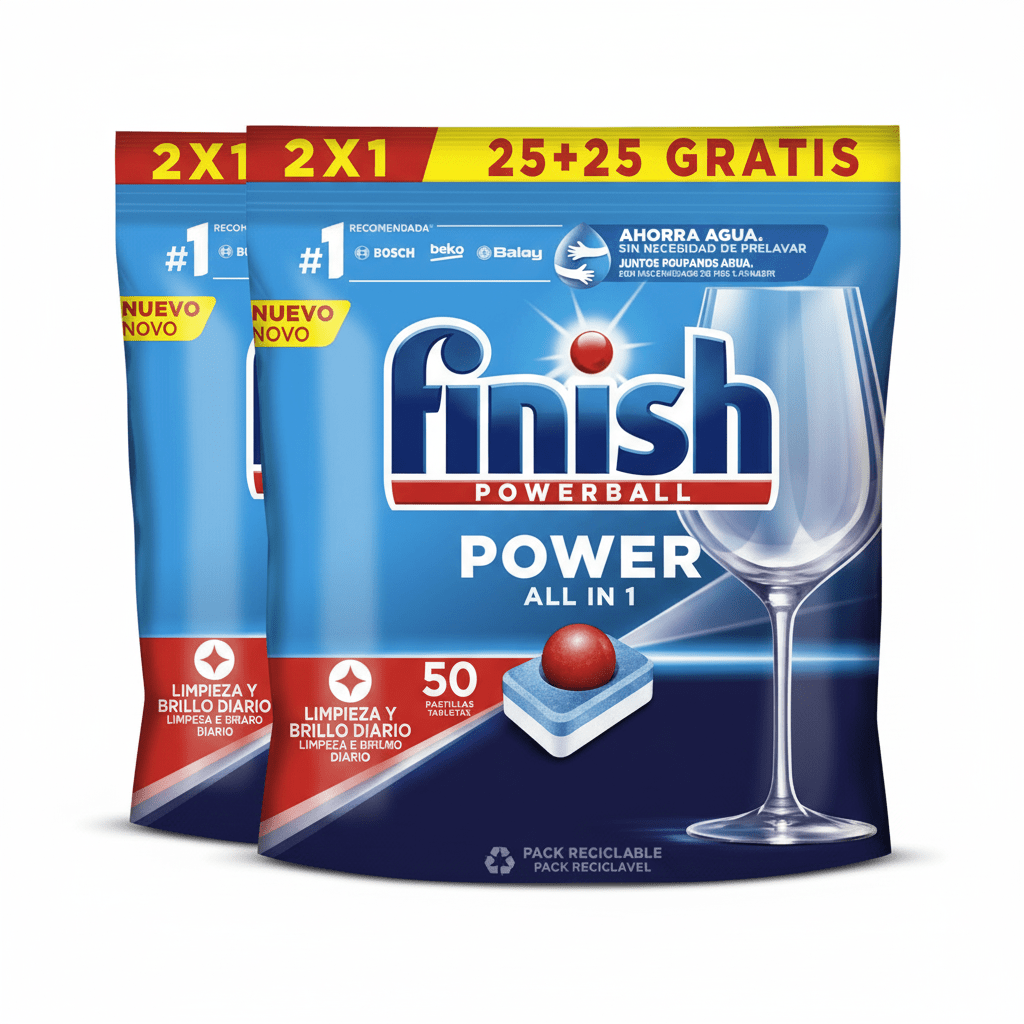 Finish Power All in 1 - Pack de 5 Paquetes De 25+25 (250) Pastillas, o Pack De 2 Paquetes De 25+25 (100) Pastillas para lavavajillas sin fosfatos, con potente Powerball para eliminar las manchas de grasa más difíciles.