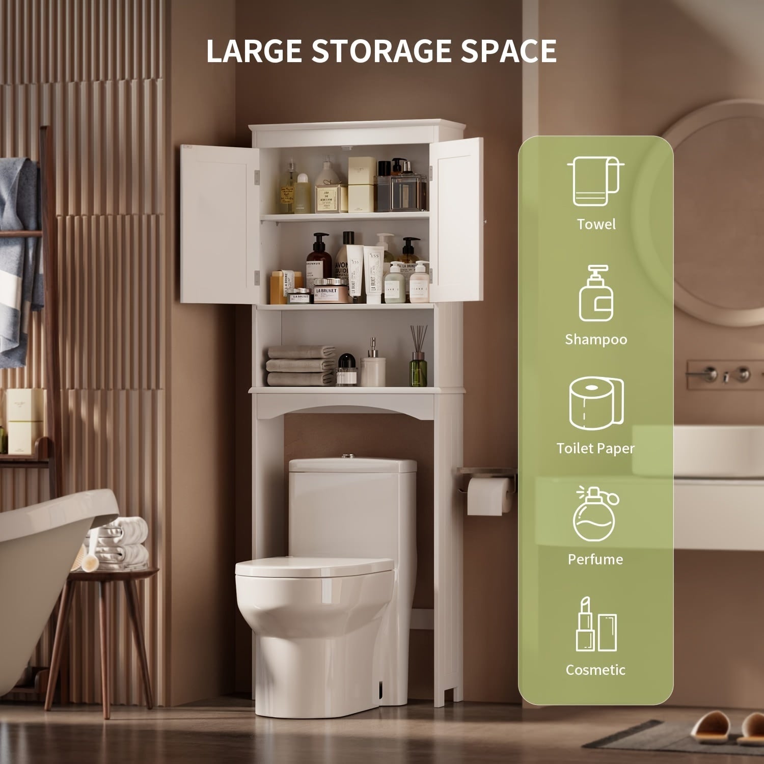 Elegante estante de almacenamiento sobre el inodoro con 3 estantes ajustables, armario de baño independiente (167 X 60 X 23 Cm) con puertas dobles, maximiza el espacio y la organización en blanco