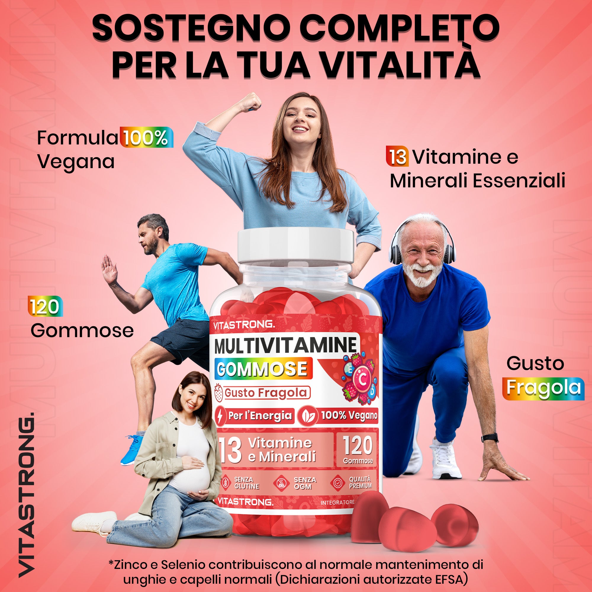Gomitas multivitamínicas Vitastrong, 120 gomitas, 13 vitaminas y minerales, suplemento dietético para adultos, fórmula 100 % vegana, sin gluten, sin lactosa, sin sacarosa