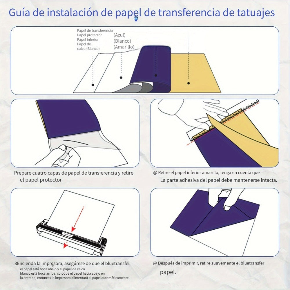 Impresora Térmica Portátil Inalámbrica Sin Tinta Bluetooth 2026 para Artistas y Principiantes de Tatuajes, Incluye 10 Hojas de Papel de Transferencia y Papel Plegado, Compatible con Teléfono/PC (con 3 Hojas de Papel de Transferencia y 10 Hojas de Papel Té