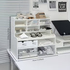 1pc Escritorio Multinivel con Portabolsígrafos Inclinado y Acabado Blanco Mate - Estante Cúbico Ahorrador de Espacio, Estantes de Almacenamiento con Particiones para Suministros de Oficina, Libros, Papelería - Compatible con Organización de Escritorio y O