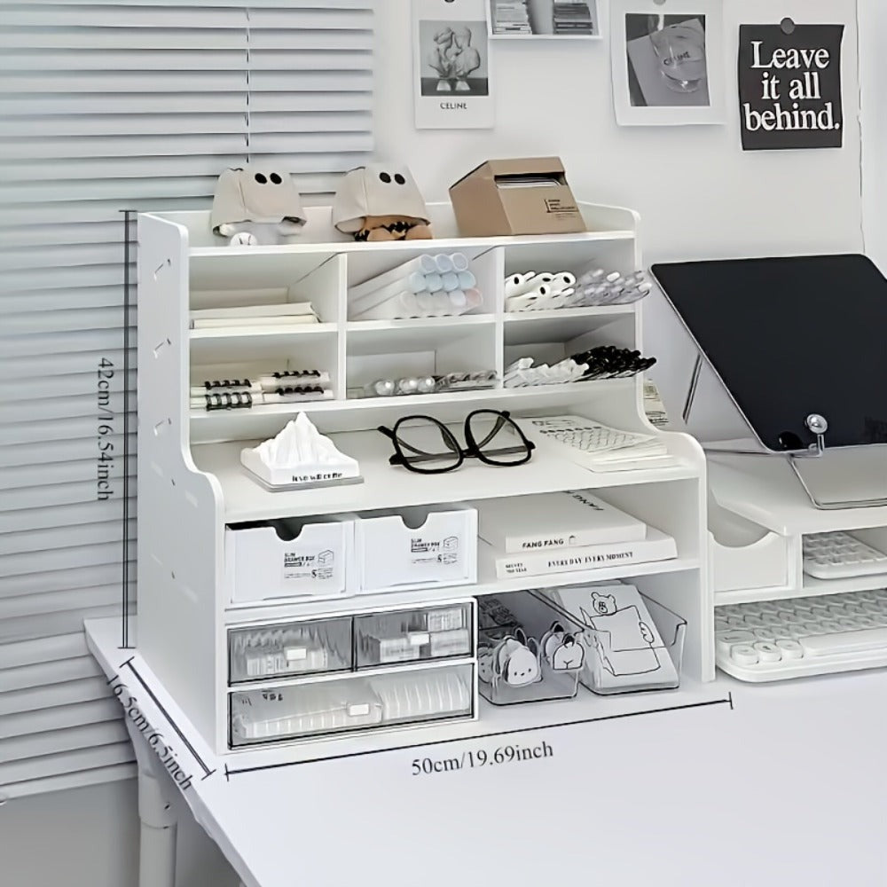 1pc Escritorio Multinivel con Portabolsígrafos Inclinado y Acabado Blanco Mate - Estante Cúbico Ahorrador de Espacio, Estantes de Almacenamiento con Particiones para Suministros de Oficina, Libros, Papelería - Compatible con Organización de Escritorio y O