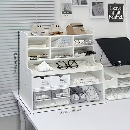 1pc Escritorio Multinivel con Portabolsígrafos Inclinado y Acabado Blanco Mate - Estante Cúbico Ahorrador de Espacio, Estantes de Almacenamiento con Particiones para Suministros de Oficina, Libros, Papelería - Compatible con Organización de Escritorio y O