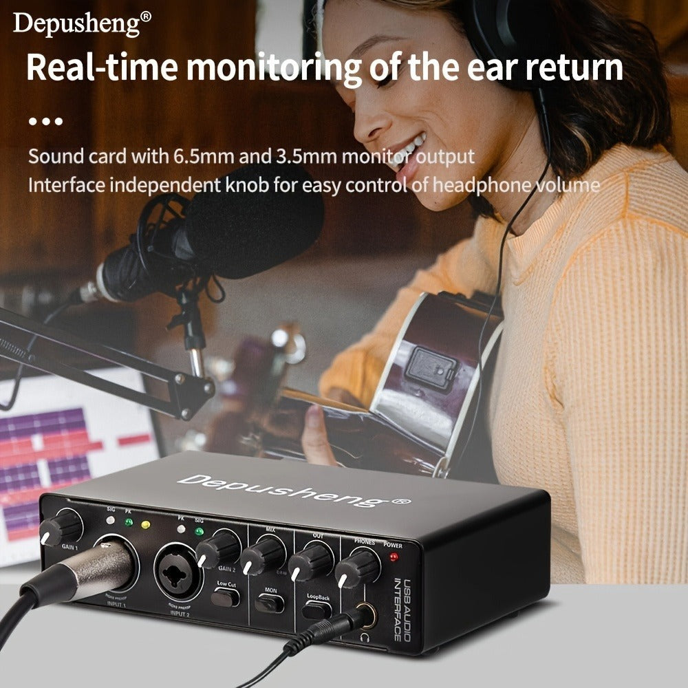 Interfaz de audio profesional Depusheng, tarjeta de sonido, 24 bits/192 kHz, XLR y alimentación fantasma, para guitarra eléctrica, PC/streaming/Win, alimentación por USB