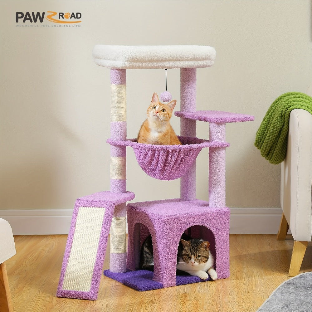 Árbol para Gatos de Interior PAWZ con Gran Apartamento, 1 Tablero de Sisal, 3 Postes Rascadores, Torre Rascadora para Gatos con Hamaca Grande y Percha de 90cm