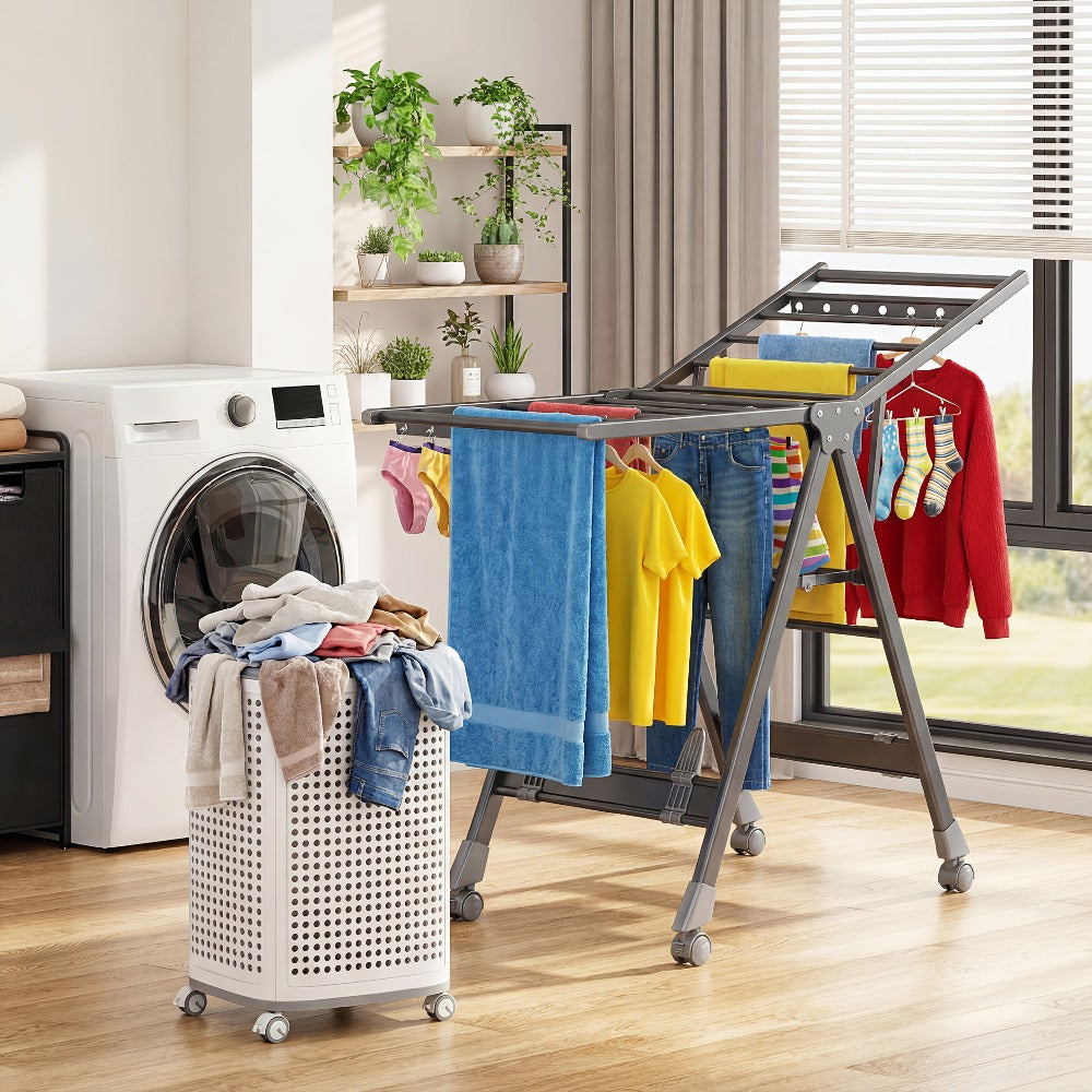 Perchero Plegable de Aluminio Resistente con Estante para Zapatos - Diseño en 3 Segundos, Altura Ajustable, 4 Ruedas para Uso Interior/Exterior, Montaje Sin Herramientas, Estabilidad en Forma de A, Ahorro de Espacio Gris, Secado de Ropa Portátil, Construc